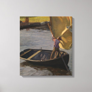 Jongen in een zeilboot op de rivier (door Magnus E Canvas Afdruk