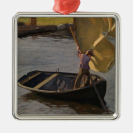 Jongen in een zeilboot op de rivier (door Magnus E Metalen Ornament