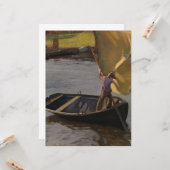 Jongen in een zeilboot op de rivier kaart (Voorkant / Achterkant in situ)