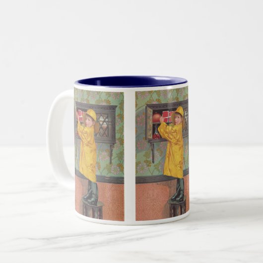 Jongen in Rainmantel Tweekleurige Koffiemok (Voorkant links)