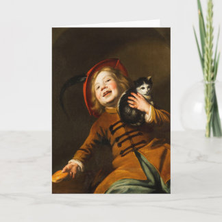 Jongen in Red Pet Holding Kitten door Judith Leyst Kaart