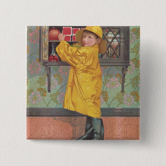 Jongen in regenjas vierkante button 5,1 cm (Voorkant)