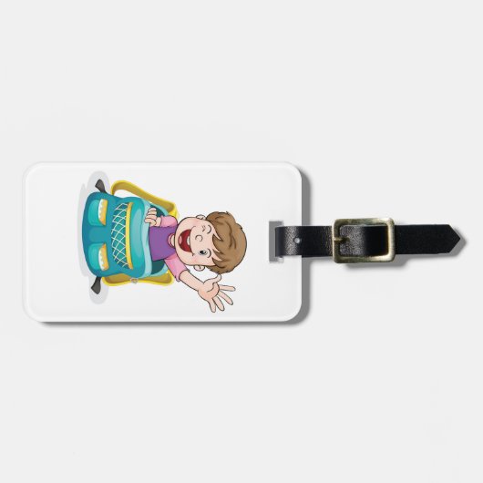 Jongen in rugzak Waving Fun School Kind Bagagelabel (Voorkant horizontaal)