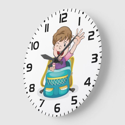 Jongen in rugzak Waving Fun School Kind Grote Klok (Hoek)