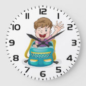 Jongen in rugzak Waving Fun School Kind Grote Klok (Voorkant)