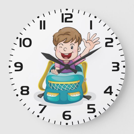 Jongen in rugzak Waving Fun School Kind Grote Klok (Voorkant)
