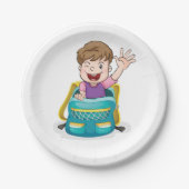 Jongen in rugzak Waving Fun School Kind Papieren Bordje (Voorkant)