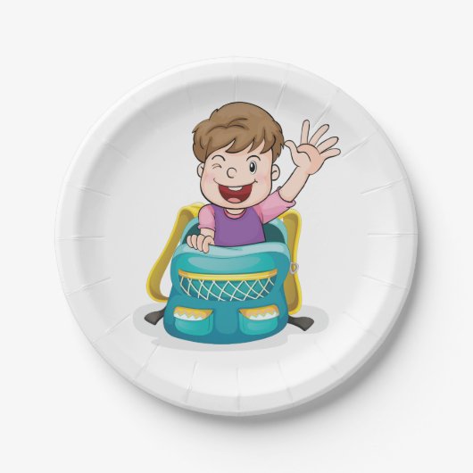 Jongen in rugzak Waving Fun School Kind Papieren Bordje (Voorkant)