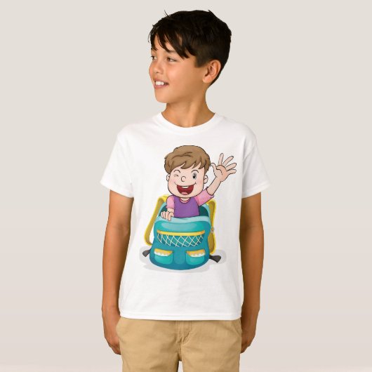 Jongen in rugzak Waving Fun School Kind T-shirt (Voorkant volledig)