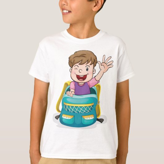 Jongen in rugzak Waving Fun School Kind T-shirt (Voorkant)
