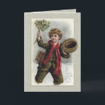 jongen in sneeuw met prettige kerstcadeautjes feestdagen kaart<br><div class="desc">Een  scholier met een krullende krullende scholier die door de sneeuw loopt om zijn pet te kantelen en een hoed van maîtletoe te zwaaien met een prettige kerstgroet.</div>