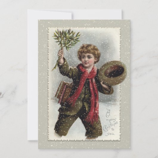  jongen in sneeuw met prettige kerstcadeautjes feestdagenkaart (Voorkant)