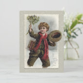 jongen in sneeuw met prettige kerstcadeautjes feestdagenkaart (Staand voorkant)