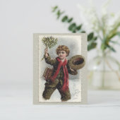 jongen in sneeuw met prettige kerstcadeautjes feestdagenkaart (Staand voorkant)