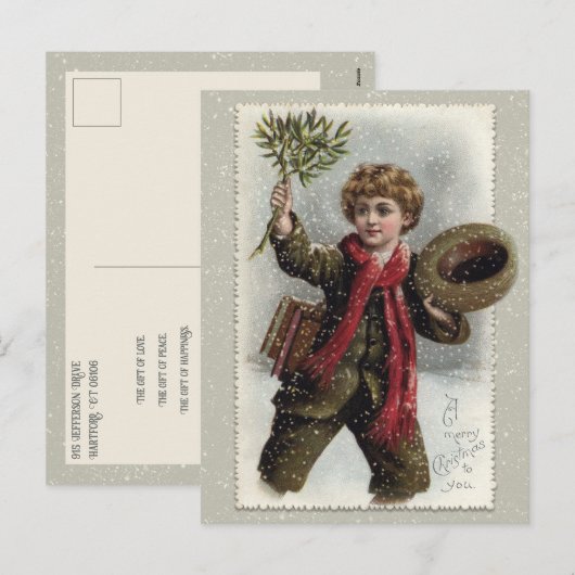 jongen in sneeuw met prettige kerstcadeautjes feestdagenkaart (Voorkant / Achterkant)