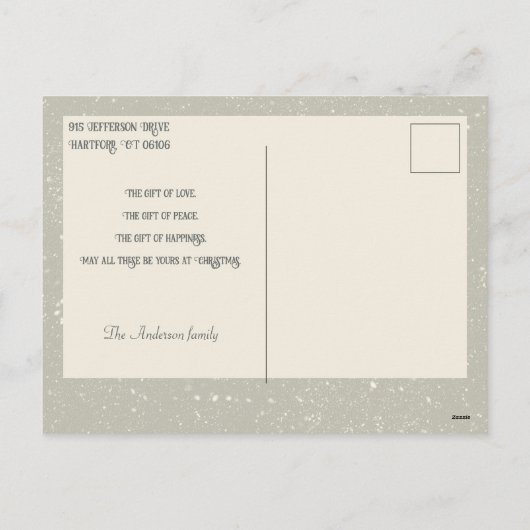 jongen in sneeuw met prettige kerstcadeautjes feestdagenkaart (Achterkant)