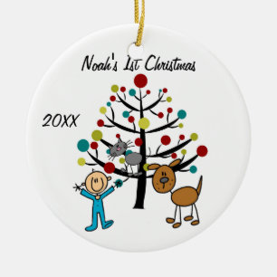 Jongen, kat en hond 1e kerst Gepersonaliseerd Orna Keramisch Ornament