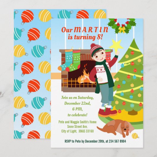 Jongen Kerst verjaardagsfeest uitnodiging (Voorkant / Achterkant)