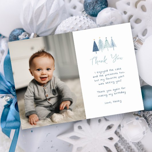 Jongen kerstboom Gejaardag Foto bedankt kaarten