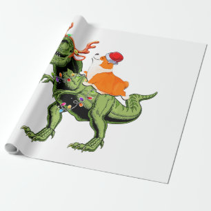 Jongen Kind Santa corgi Riding T-rex Dinosaur Chri Cadeaupapier