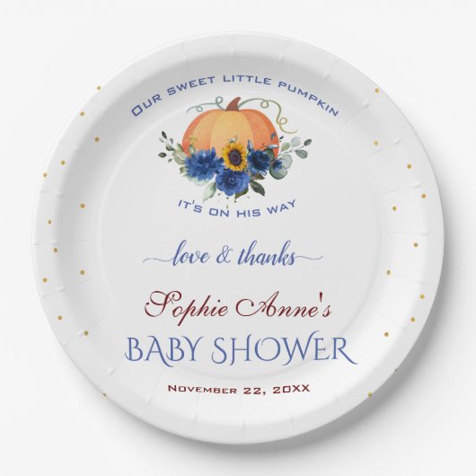  Jongen Kleine Pompoen Thanksgiving Baby Shower    Papieren Bordje (Voorkant)