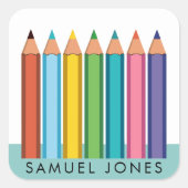 Jongen kleurpotloden terug naar school vierkante sticker (Voorkant)