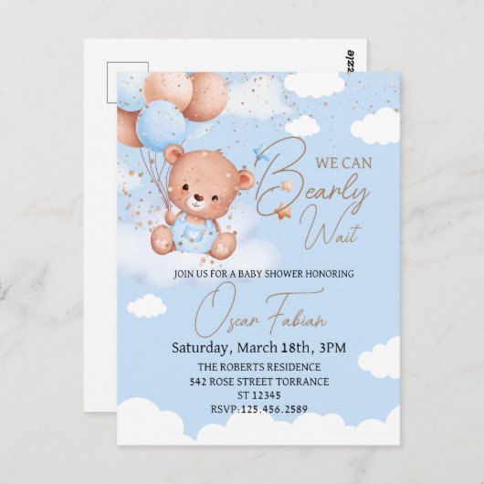 Jongen knuffel beer baby shower uitnodiging Briefk (Voorkant / Achterkant)