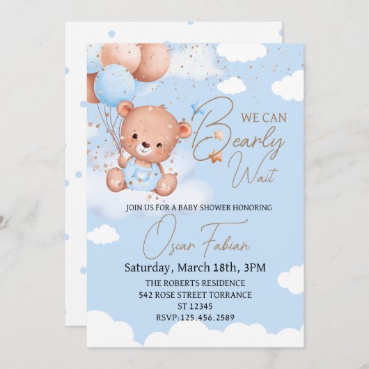 Jongen knuffelig beer baby shower Uitnodiging (Voorkant / Achterkant)