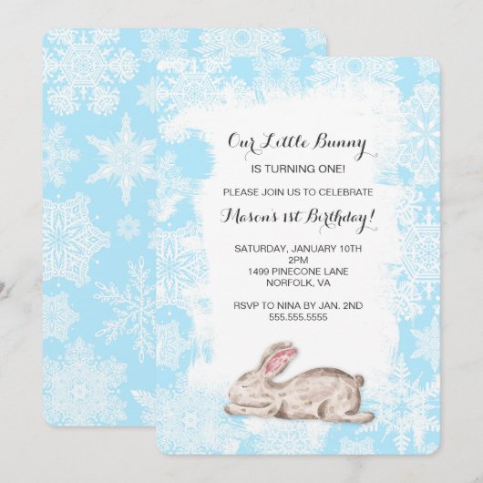 Jongen Konijn Winter Verjaardagsfeest Uitnodigen Kaart (Voorkant / Achterkant)