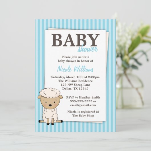 Jongen lamsvlees Baby shower Blauwe Stripe Uitnodi Kaart (Staand voorkant)