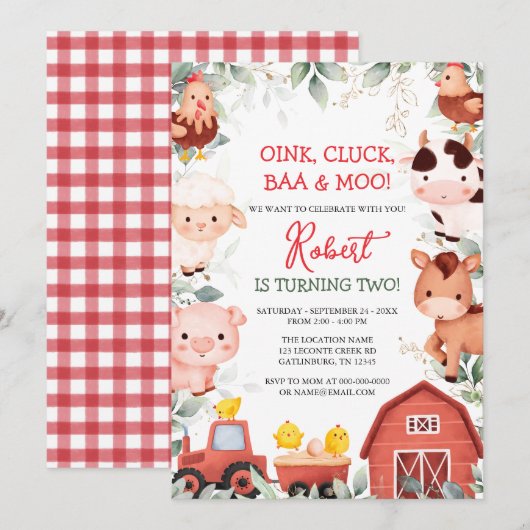 Jongen landbouwhuisdieren Barnyard Birthday Invita Kaart (Voorkant / Achterkant)