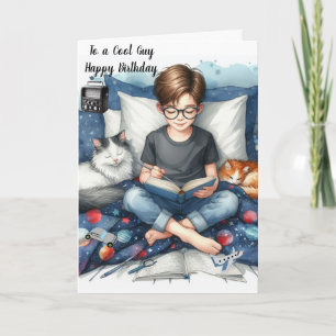 Jongen leest boeken met katten Verjaardag  Kaart