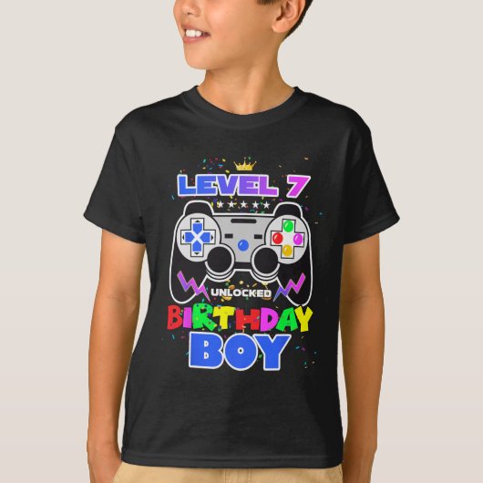 Jongen Level 7 Vrijgespeeld Videospel 7e Verjaarda T-shirt (Voorkant)