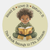 Jongen lezen boek leraar klaslokaal bibliotheek la ronde sticker (Voorkant)