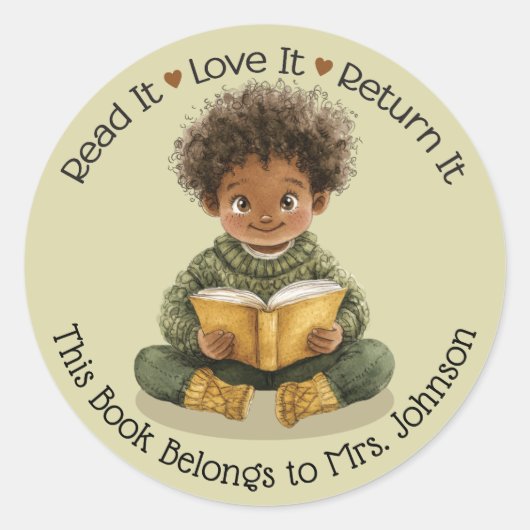 Jongen lezen boek leraar klaslokaal bibliotheek la ronde sticker (Voorkant)