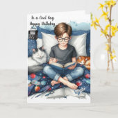 Jongen lezen boeken met katten verjaardag kaart (Gele Bloem)