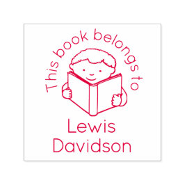 Jongen lezen boeknaam kinder bibliotheekstempel  zelfinktende stempel