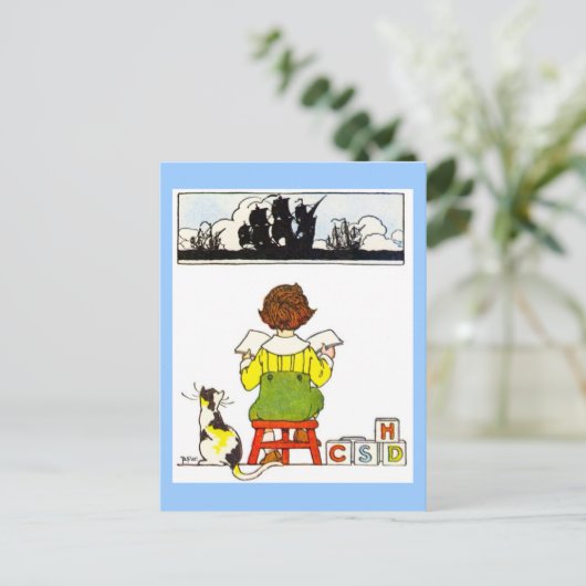 Jongen lezen briefkaart (Staand voorkant)