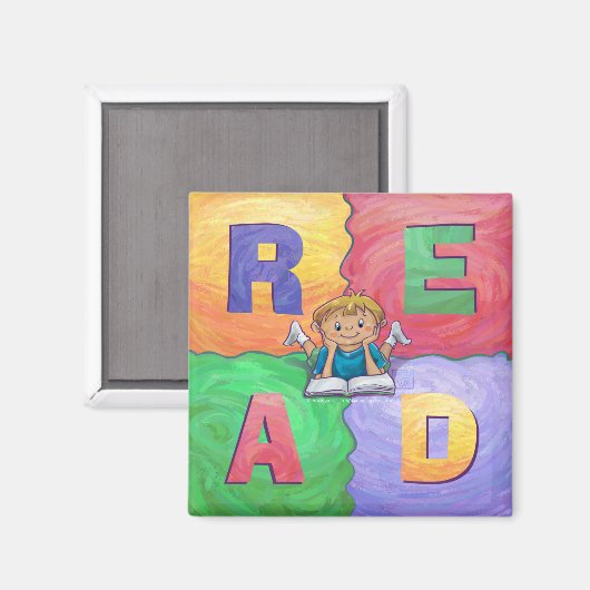 Jongen lezen LEES kleurrijke magneet (Voorkant / Achterkant)