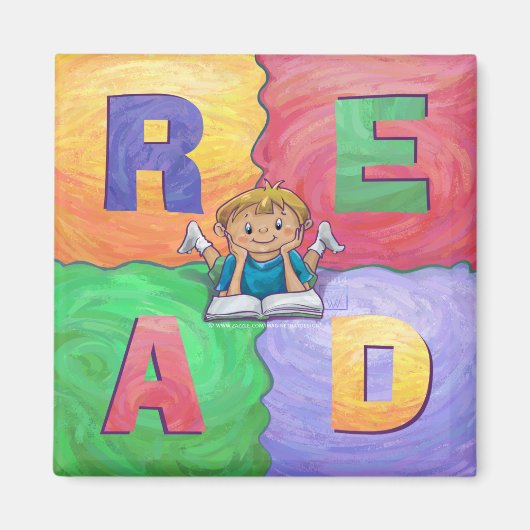 Jongen lezen LEES kleurrijke magneet (Voorkant)