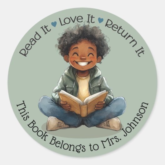 Jongen Lezen Leraar Klaslokaal Bibliotheek Labels (Voorkant)