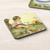 Jongen lezen onder boom met konijnen bier onderzetter (Linkerzijde)