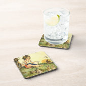 Jongen lezen onder boom met konijnen bier onderzetter (Rechterzijde)