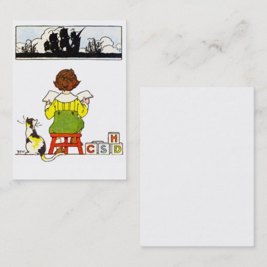 Jongen lezen visitekaartje (Voorkant / Achterkant)