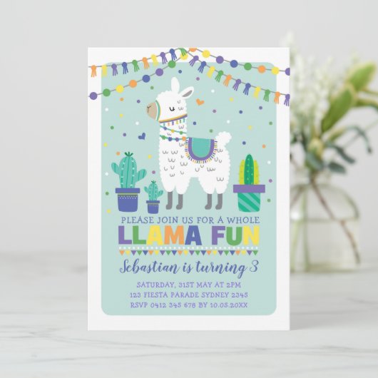 Jongen Llama Birthday / Cute Alpaca Fiesta Party Kaart (Staand voorkant)
