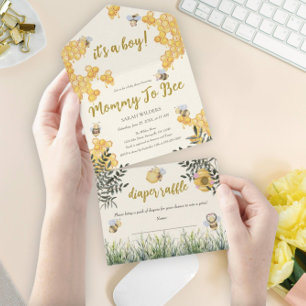 Jongen Mama Naar Bee Schattige Waterverf Boho Baby All In One Uitnodiging