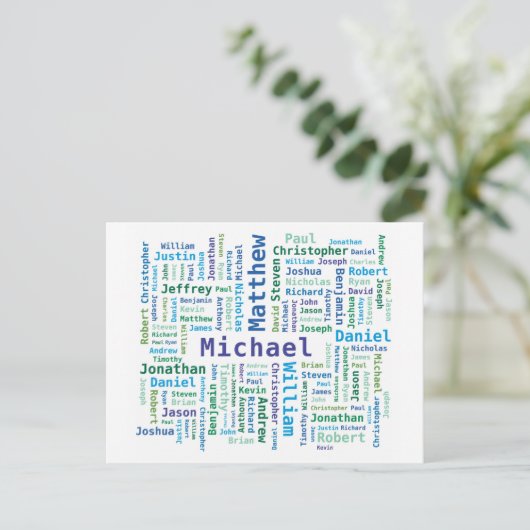 Jongen/Man noemt Word Cloud in blauwe groene kleur Briefkaart (Staand voorkant)