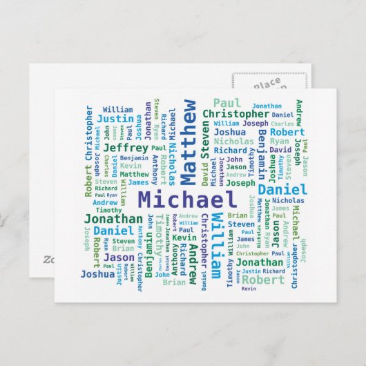 Jongen/Man noemt Word Cloud in blauwe groene kleur Briefkaart (Voorkant / Achterkant)