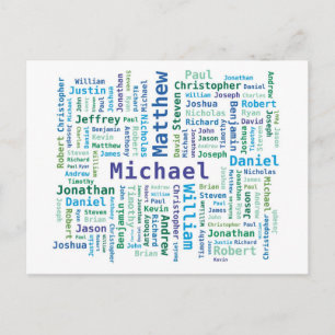 Jongen/Man noemt Word Cloud in blauwe groene kleur Briefkaart