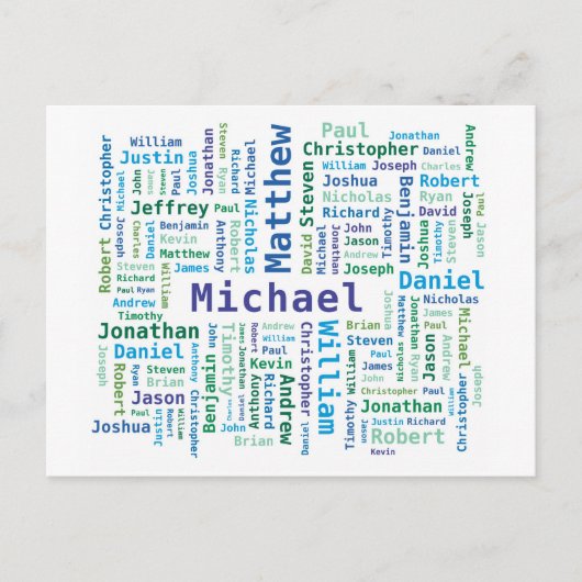 Jongen/Man noemt Word Cloud in blauwe groene kleur Briefkaart (Voorkant)